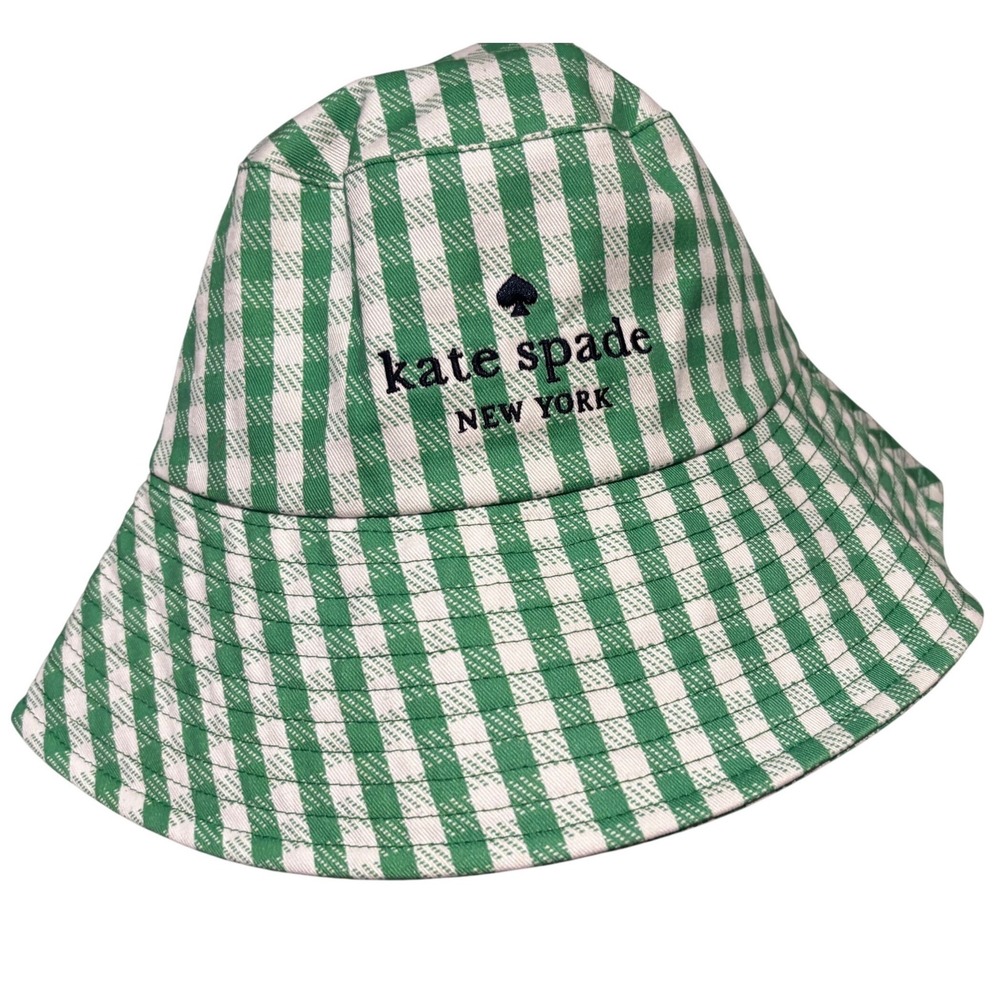 Kate Spade Green White Gingham checkered Cotton Bucket Hat Sun beach preppy logo
